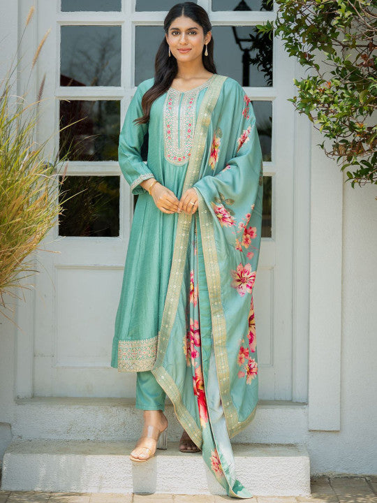 Indo Era Women Floral Embroidered Regular Sequinned Kurta with Trousers & With Dupatta
