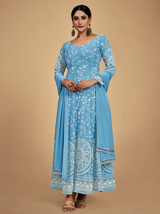 Blue Georgette Embroidered Stitched Kurta (Set of 3)