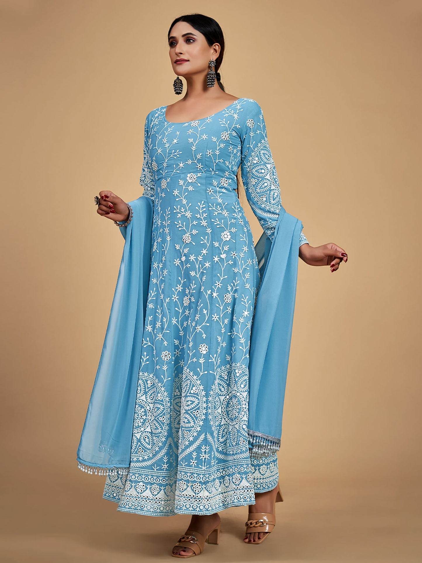Blue Georgette Embroidered Stitched Kurta (Set of 3)