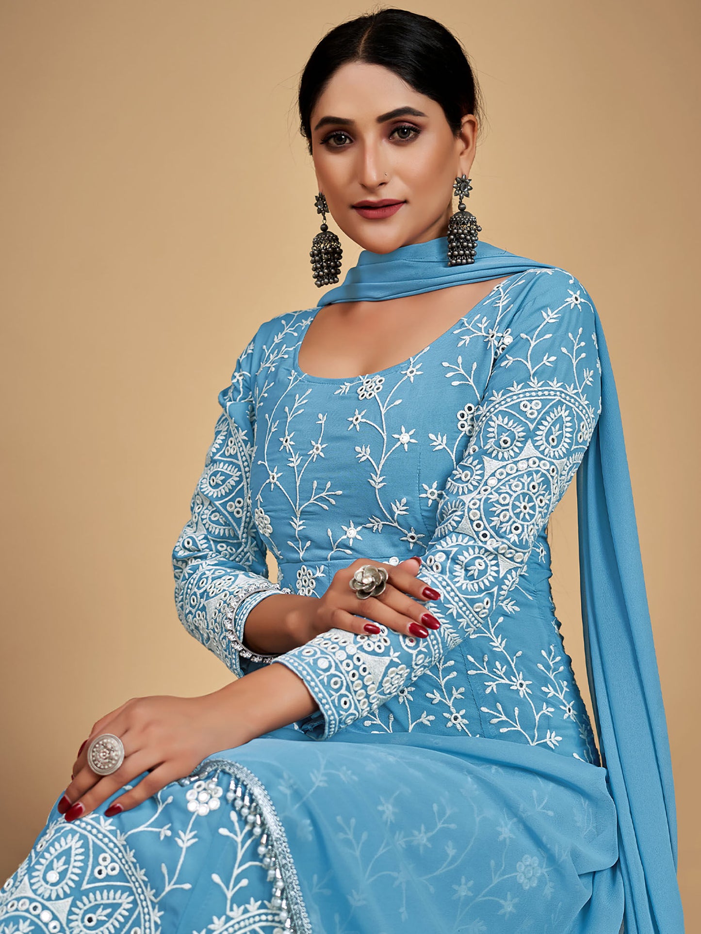 Blue Georgette Embroidered Stitched Kurta (Set of 3)