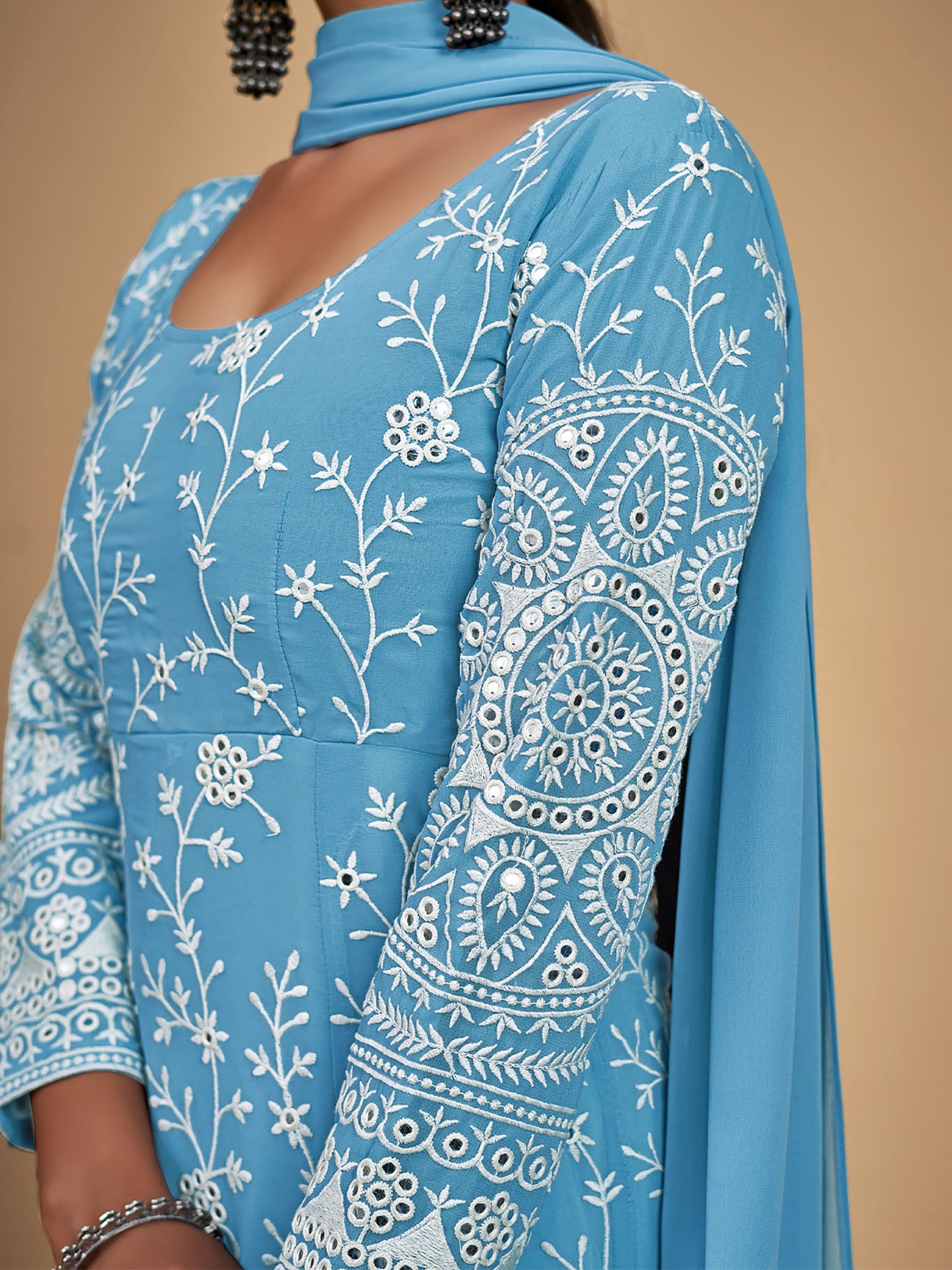Blue Georgette Embroidered Stitched Kurta (Set of 3)