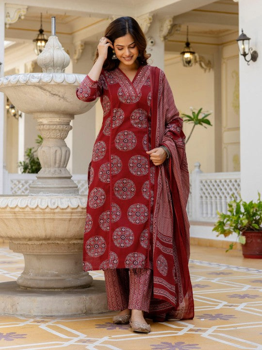 Anouk Women Printed Regular Mirror Work Pure Cotton Kurta with Palazzos & With Dupatta