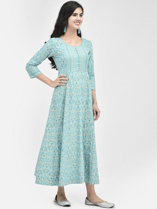 Span Floral Printed Cotton A-Line Midi Ethnic Dress