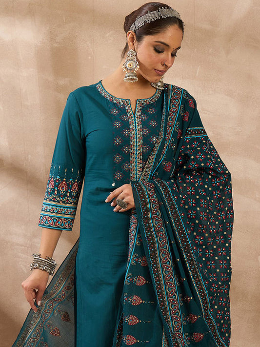 Indo Era Ethnic Motifs Printed Notch Neck Pure Cotton Kurta With Trousers & Dupatta