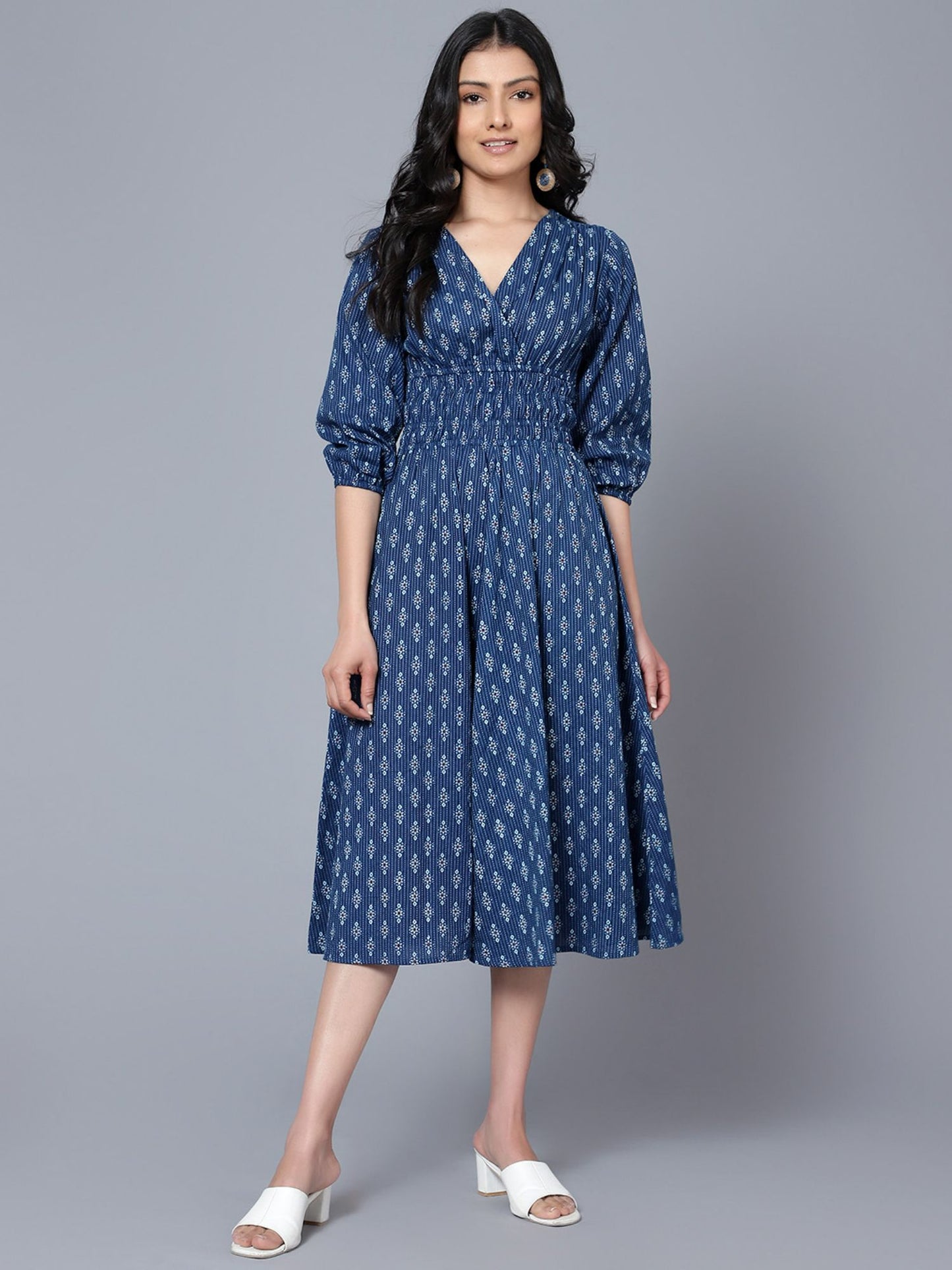 Printed Navy Blue Midi Dress
