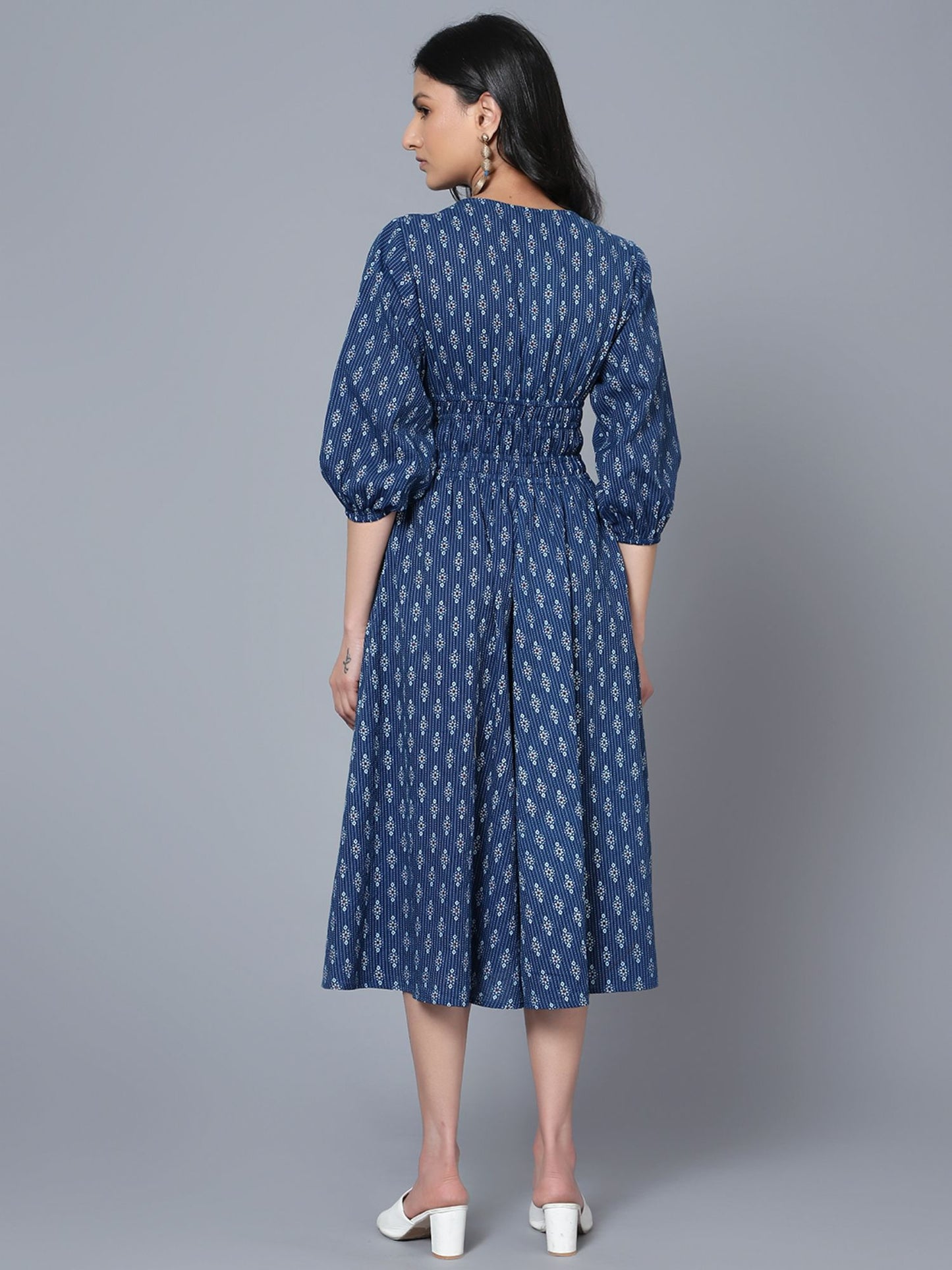 Printed Navy Blue Midi Dress