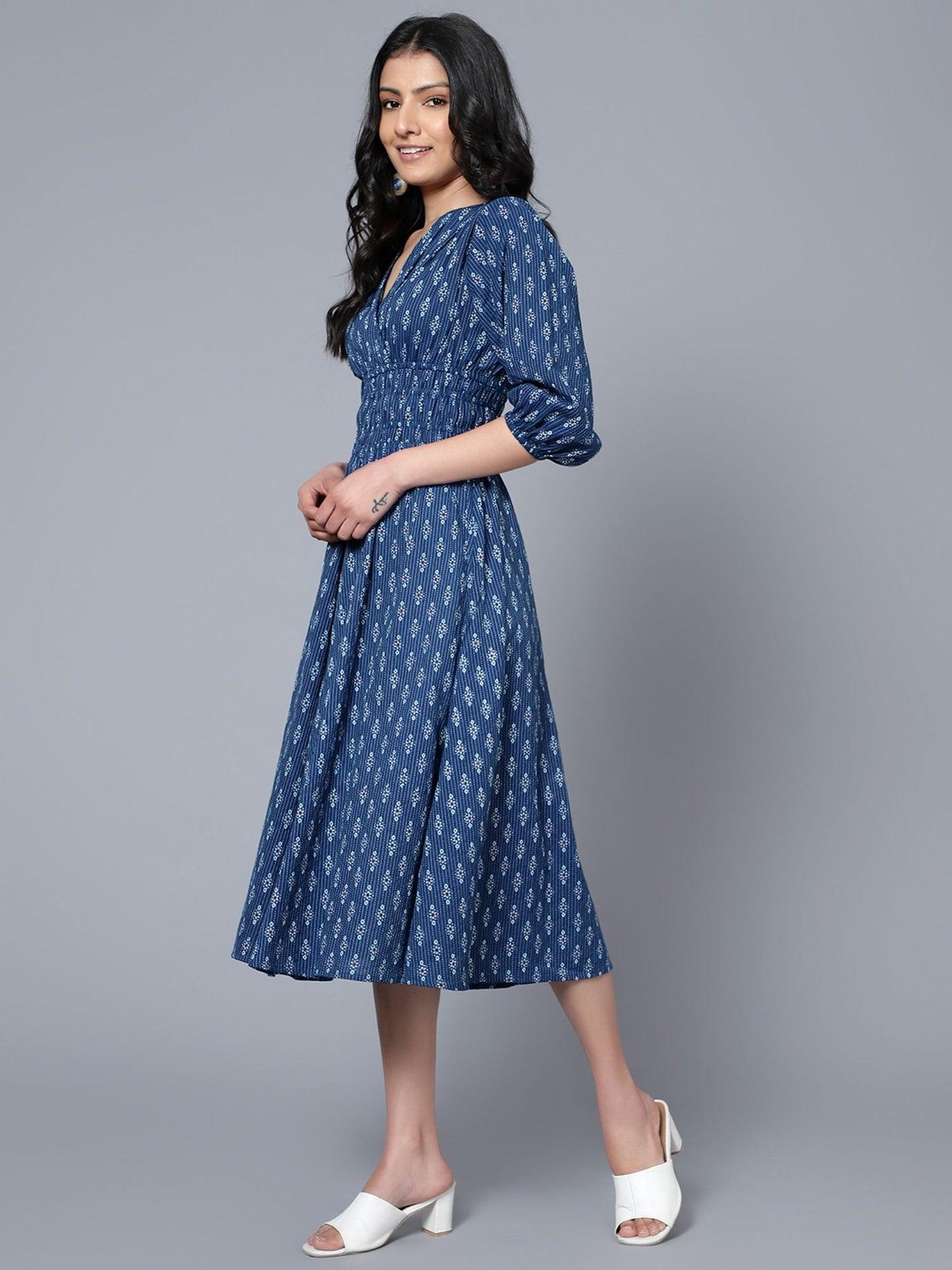 Printed Navy Blue Midi Dress