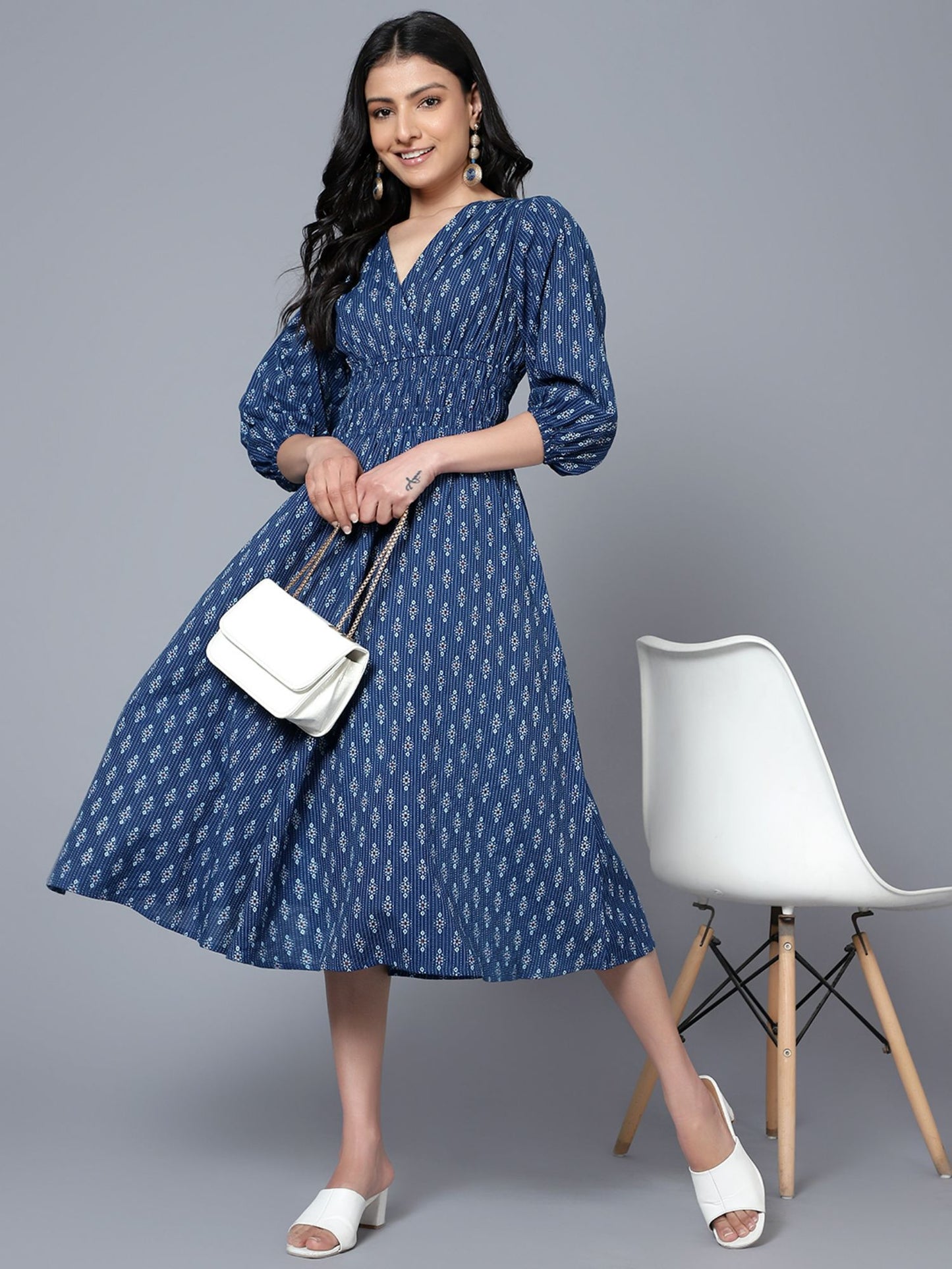 Printed Navy Blue Midi Dress