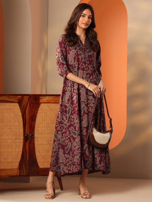 Printed Fit and Flared Dress with Front Slit