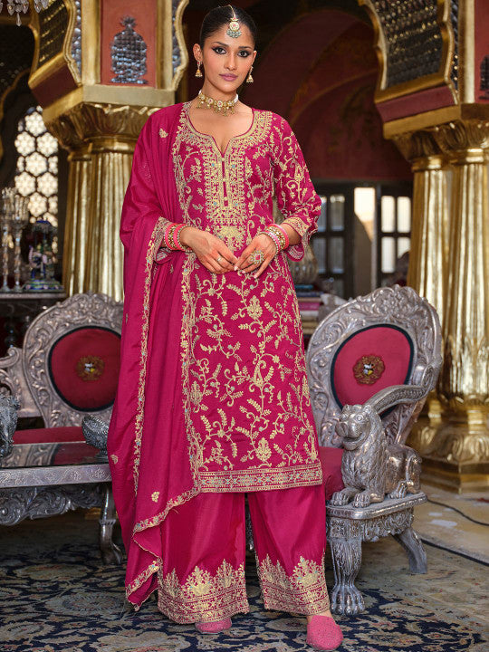 Indo Era Adults-Women Woven Design Embroidered Kurta with Palazzos & Dupatta