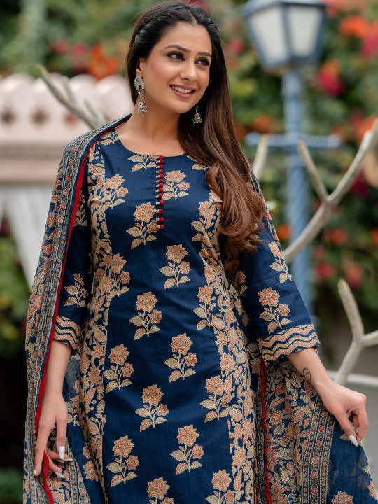 Floral Printed Regular Pure Cotton Kurta with Trousers & With Dupatta
