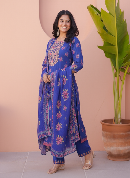 Embroidered Viscose Floral Straight Blue Kurta