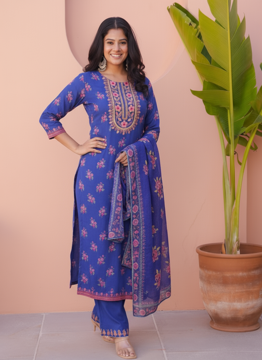 Embroidered Viscose Floral Straight Blue Kurta