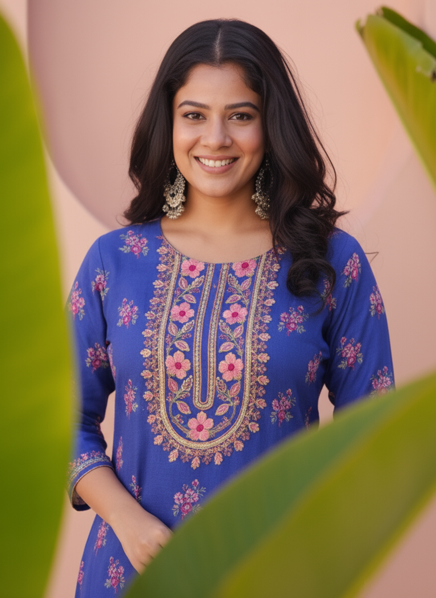 Embroidered Viscose Floral Straight Blue Kurta