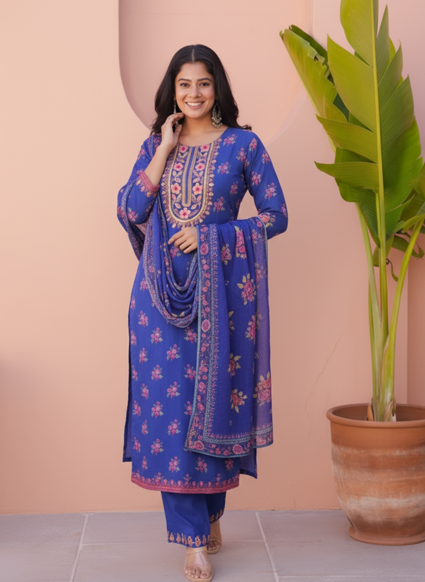 Embroidered Viscose Floral Straight Blue Kurta