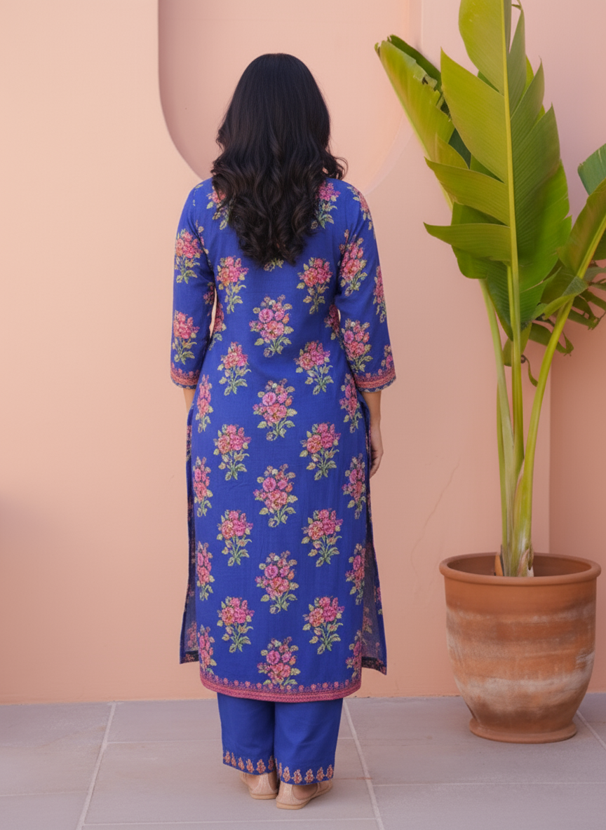 Embroidered Viscose Floral Straight Blue Kurta