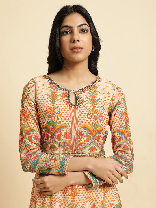 W Beige Floral Print Maxi Ethnic Dress