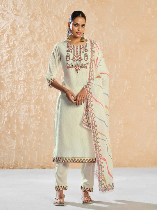 CHHAAP Women Floral Embroidered Mirror Work Pure Cotton Kurta with Trousers & Dupatta