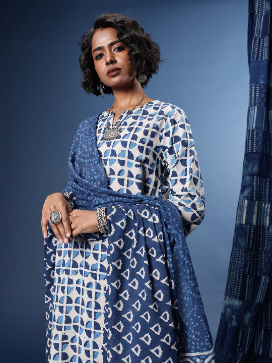 Taavi Printed Indigo Kurta with Trouser & Dupatta