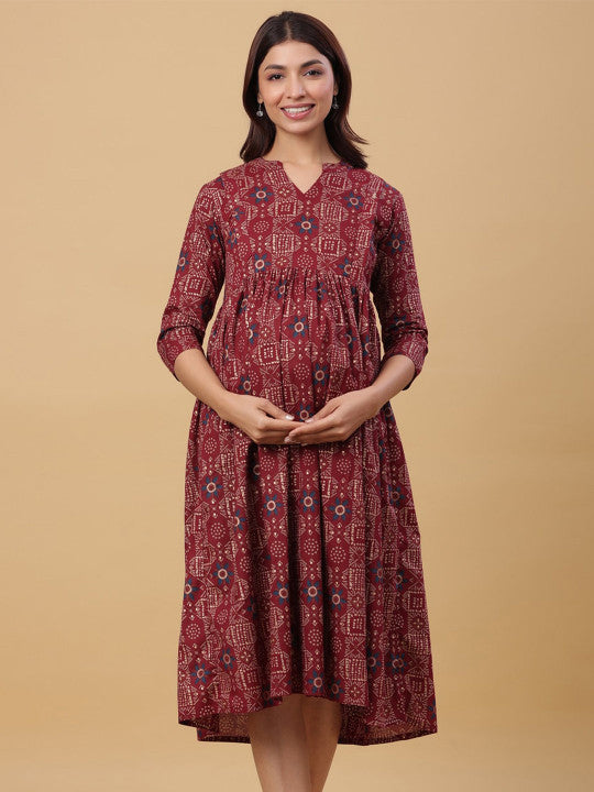 CRAFIQA Ethnic Motif Printed Maternity Empire Midi Cotton Dress