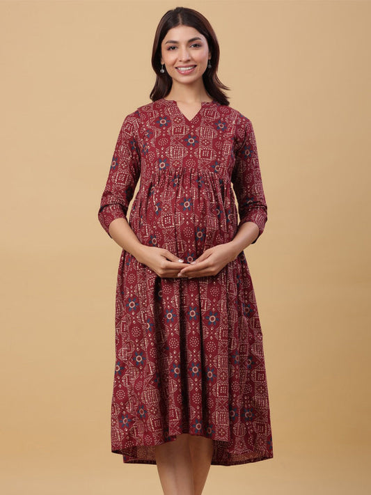 CRAFIQA Ethnic Motif Printed Maternity Empire Midi Cotton Dress