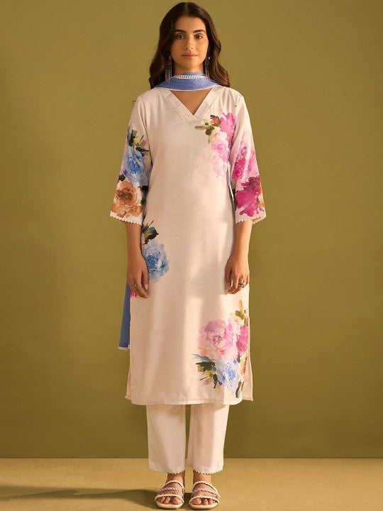 Indo Era Floral Printed Beads and Stones Linen Straight Kurta with Trouser & Dupatta