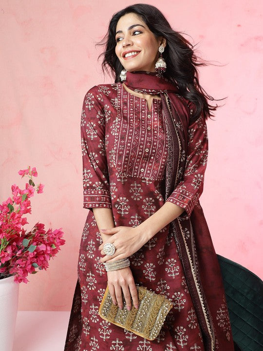 Anouk Ethnic Motifs Printed Chanderi Silk Kurta with Trousers & With Dupatta