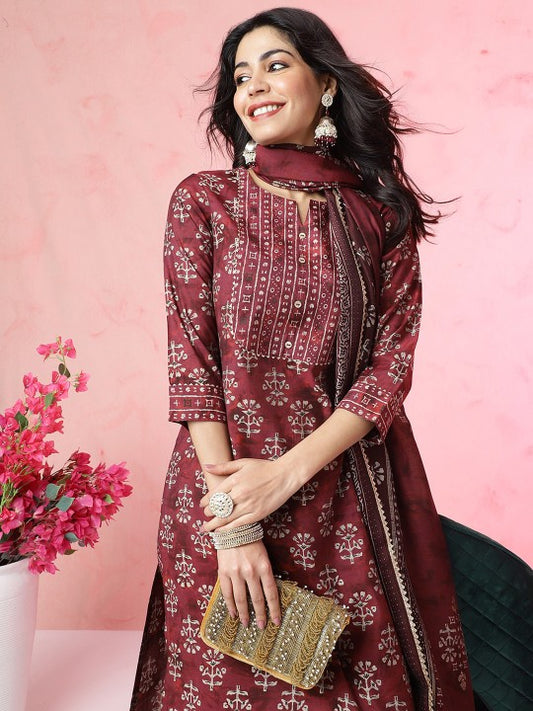 Anouk Ethnic Motifs Printed Chanderi Silk Kurta with Trousers & With Dupatta