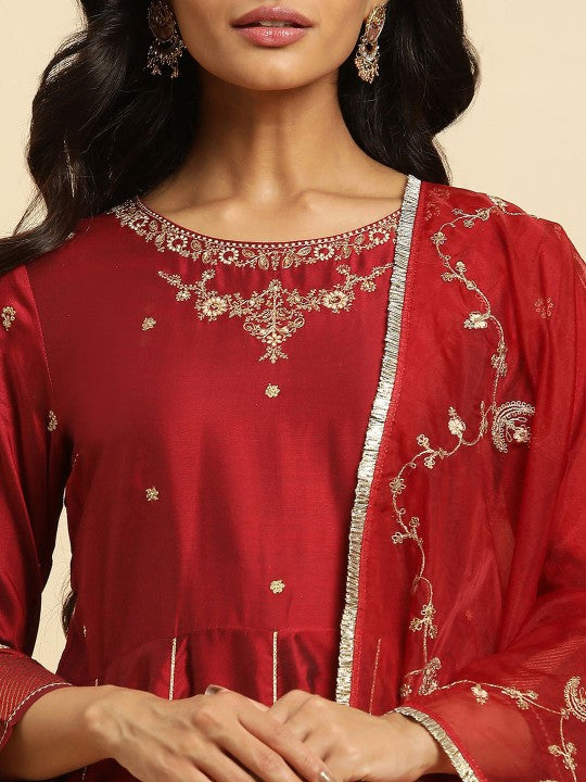 W Floral Embroidered Anarkali Kurta with Trousers & With Dupatta
