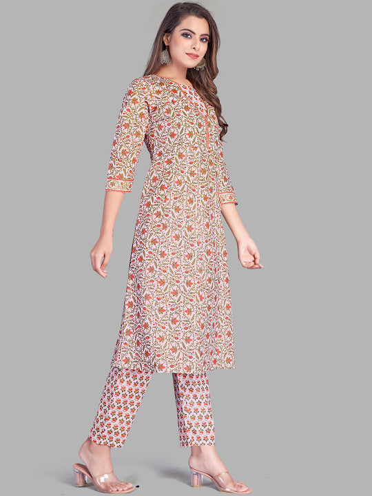 Floral Printed Pure Cotton Kurta with Trousers & Dupatta