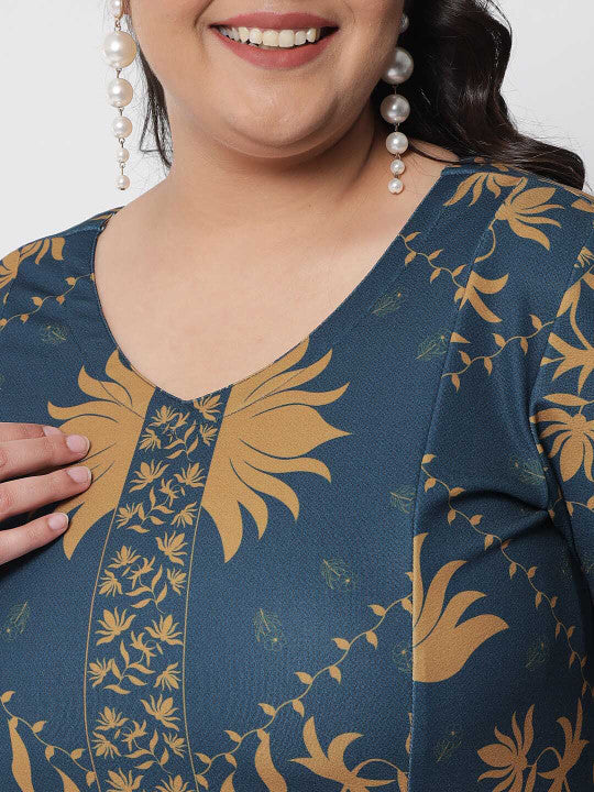Amydus Plus Size Teal Blue & Mustard Yellow Ethnic Motifs Ethnic A-Line Dress