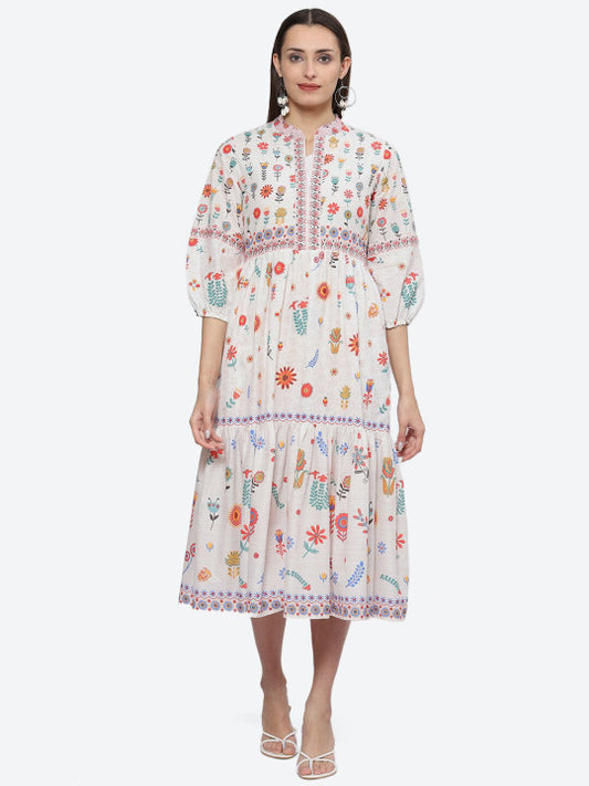 Biba Floral Printed Puff Sleeve Fit & Flare Midi Ethnic Dress