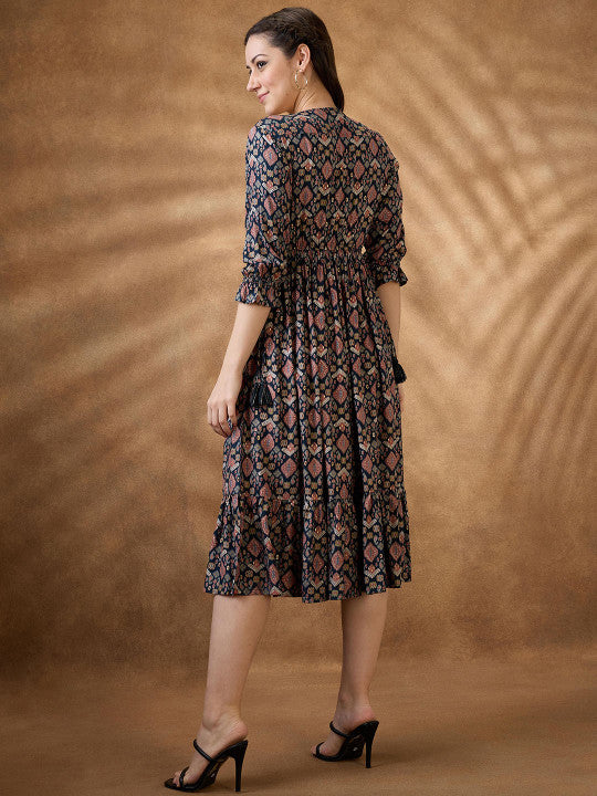 Globus Ethnic Motifs V-Neck Tie-Up Sleeves Frill Detail Tiered Midi A-Line Fusion Dress