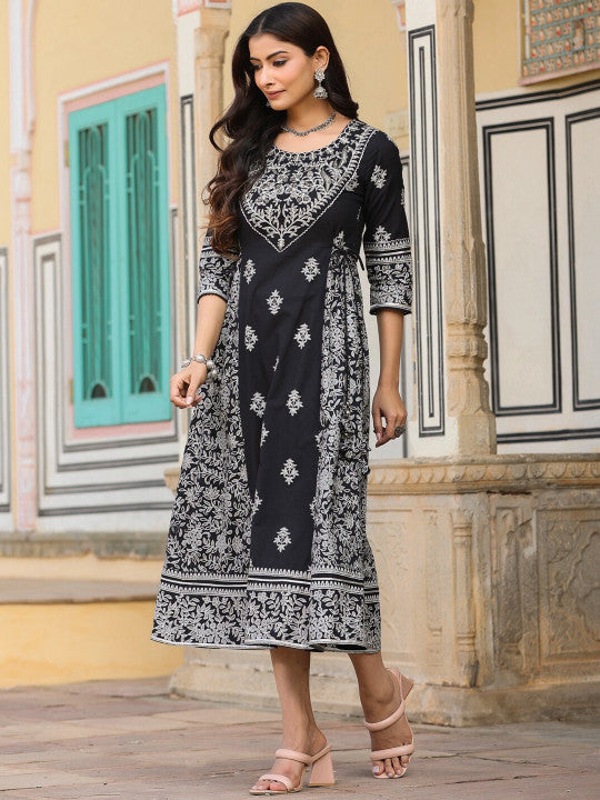Printed Cotton Fit & Flared Midi Ethnic Dress