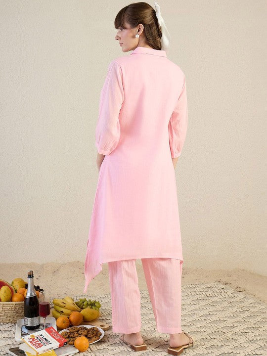 Indo Era Printed Pure Cotton Shirt Collar Top With Trousers Co-Ords