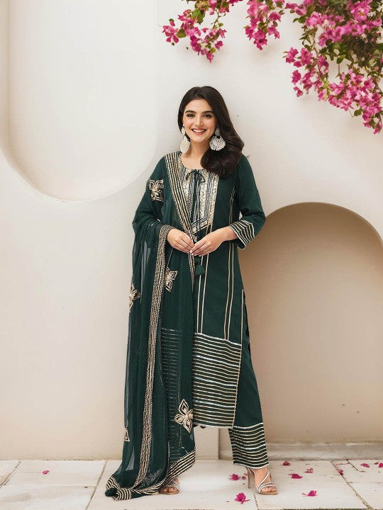 Ishin Striped Embroidered Gotta Patti Pure Cotton Straight Kurta With Trousers & Dupatta