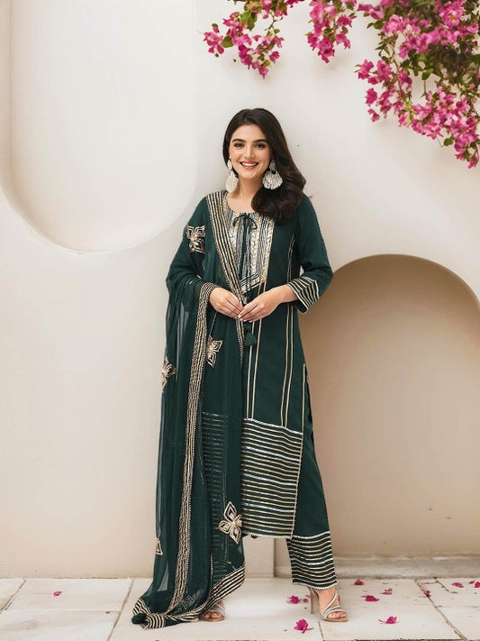 Ishin Striped Embroidered Gotta Patti Pure Cotton Straight Kurta With Trousers & Dupatta