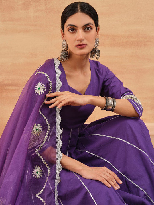 Ishin Gotta Patti Pure Cotton Anarkali Kurta With Trouser & Dupatta
