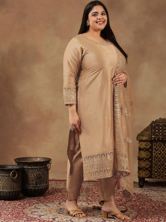 INDDUS PLUS Size Abstract Printed & Embroidered Kurta With Trousers & Dupatta