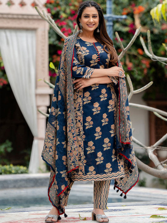 Floral Printed Regular Pure Cotton Kurta with Trousers & With Dupatta