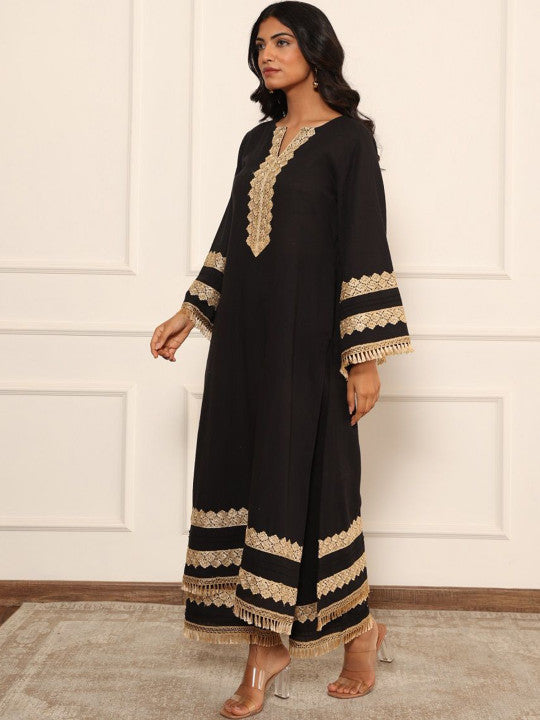 IMROZ HOUSE Floral Printed Organic Cotton Flared Sleeves Straight Fusion Kurta With Trousers