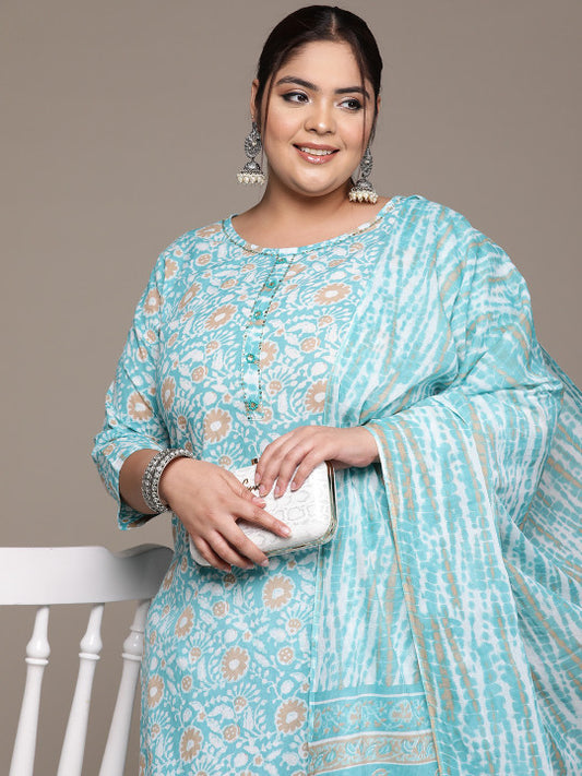 Floral Printed Sequinned Pure Cotton Kurta Set