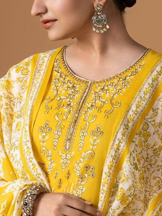 WOMEN PLUS Plus Size Floral Yoke Design Pure Cotton Kurta With Trouser & Dupatta