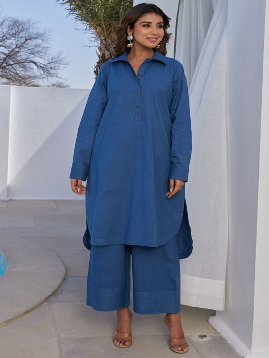 TARA-C-TARA Women Shirt Collar Pure Cotton Tunic With Palazzo Co-Ords