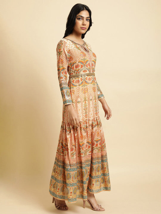 W Beige Floral Print Maxi Ethnic Dress