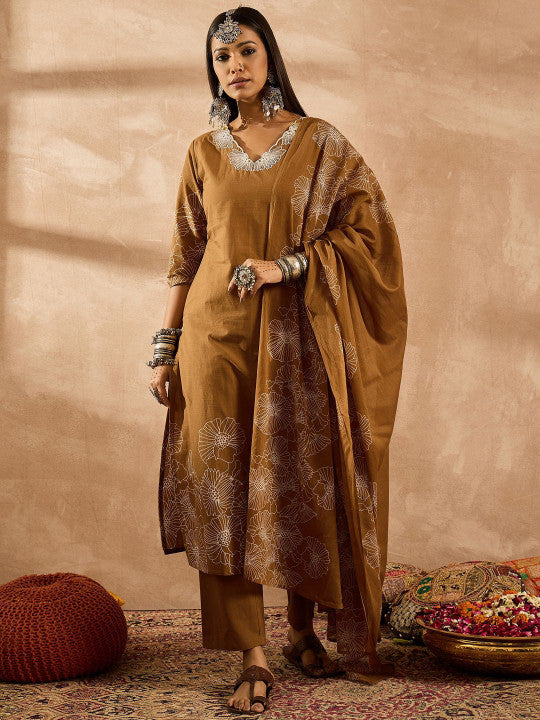 Indo Era Women Floral Embroidered Regular Sequinned Pure Cotton Kurta with Trousers & With Dupatta