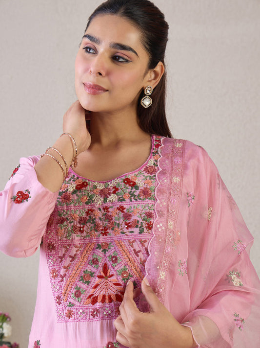 Indo Era Floral Embroidered Round Neck Thread Work Straight Kurta & Trousers & Dupatta
