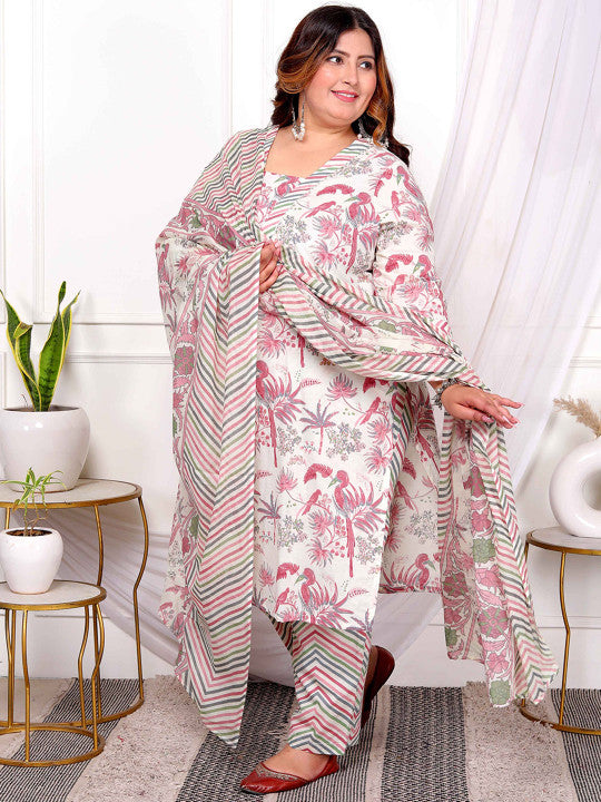 Floral Printed Pure Cotton Straight Kurta With Trouser And Dupatta