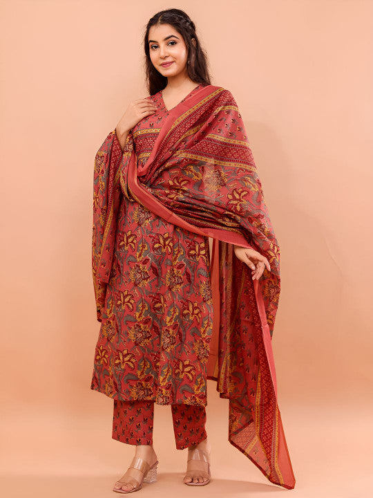 VASVI Women Floral Printed Pure Cotton Kurta with Trousers & Dupatta