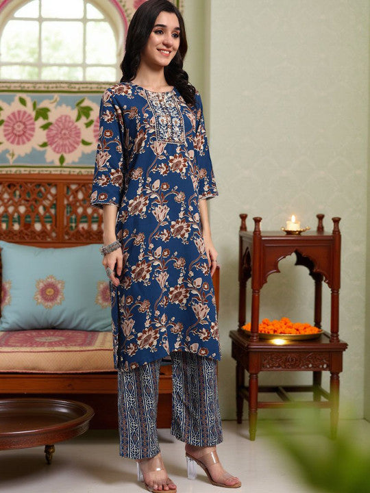 Floral Printed Round Mirror Work Straight Kurta With Trousers & Dupatta